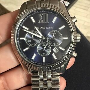 Michael Kors Silver Chronograph Watch with Deep Blue Face - Lexington